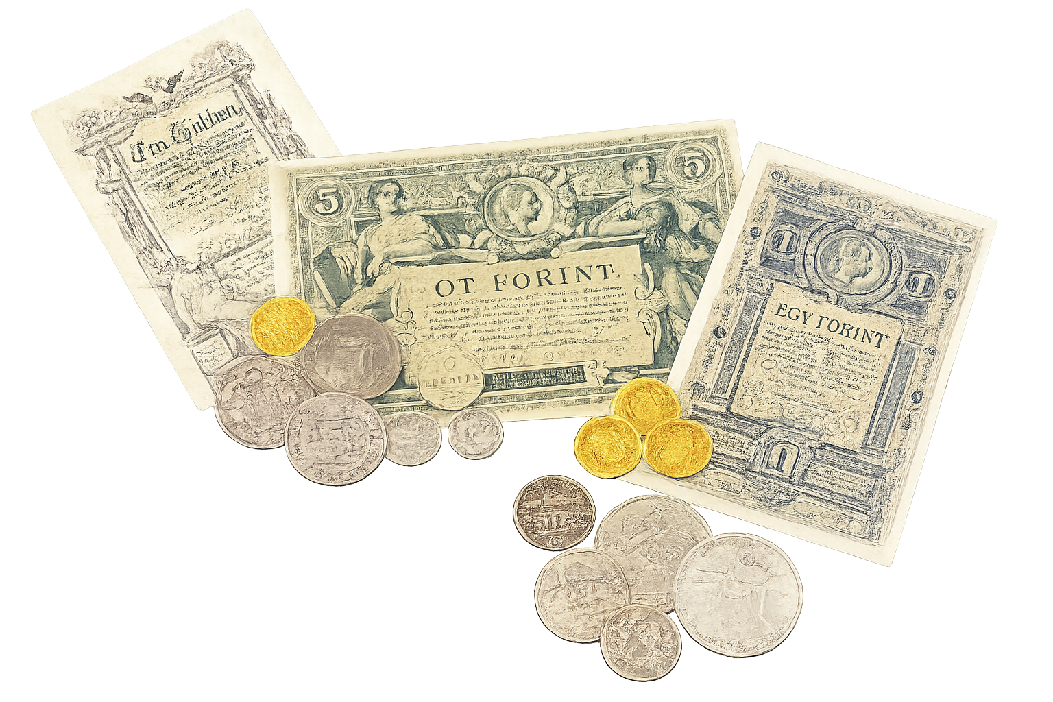 Régi pénzek, bankjegyek és érmék — Ein Gulden, Öt Forint, Egy Forint